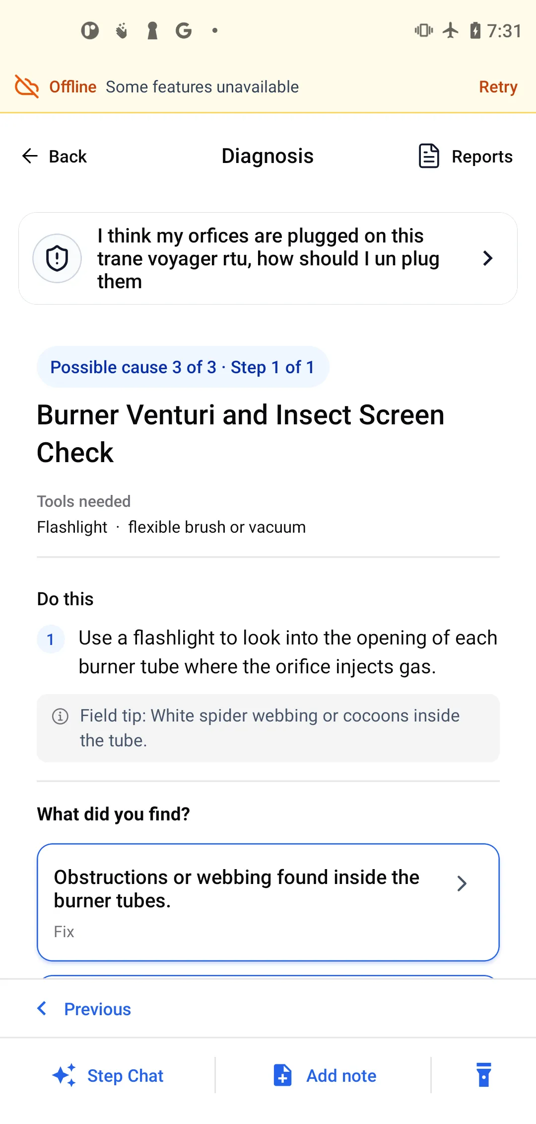 ACLogics guided step for the Trane Voyager RTU job open on a phone in airplane mode, showing the offline banner above the burner venturi and insect screen check with its field tip and answer branch.