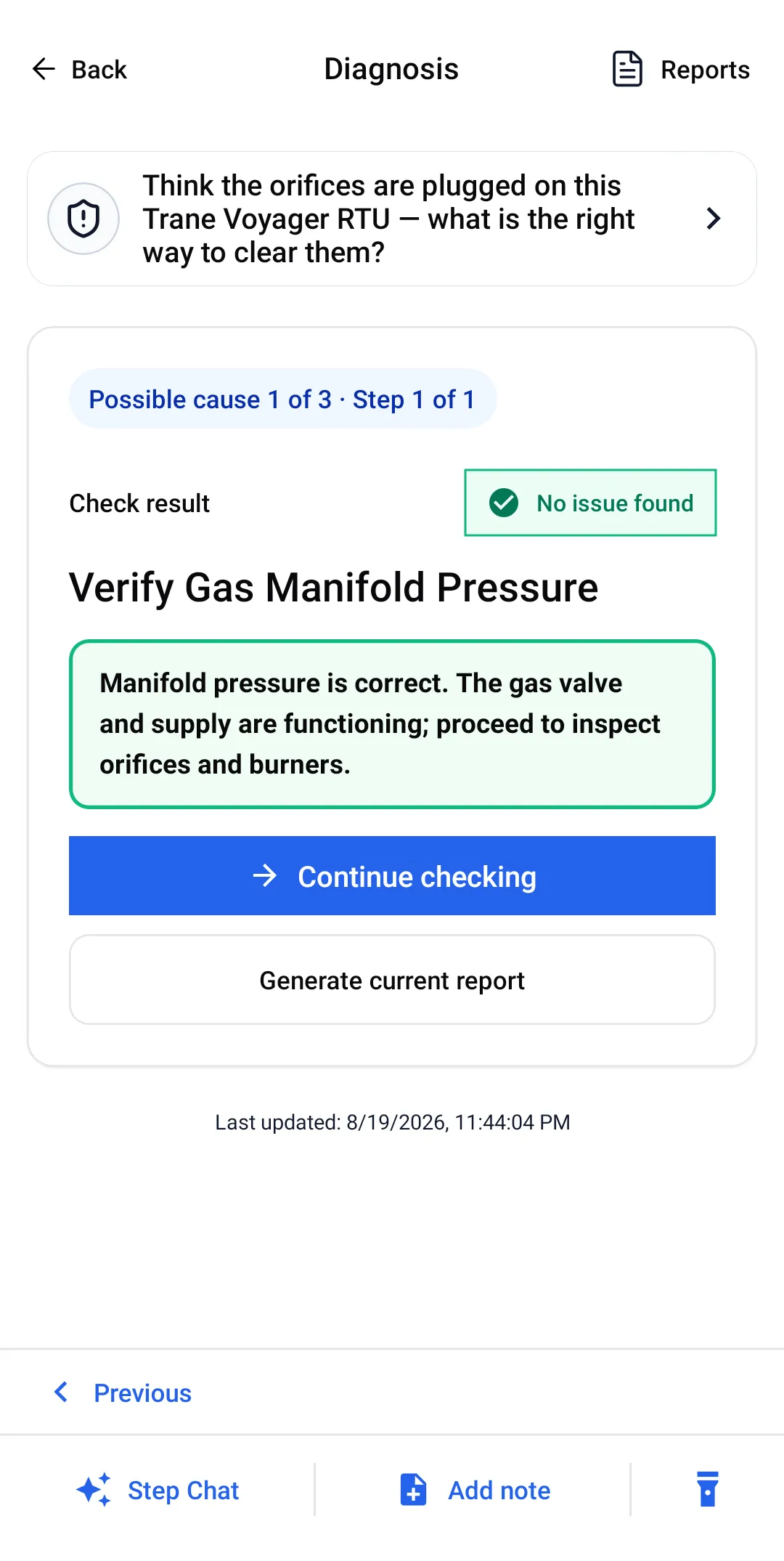 Check result screen reading "No issue found" for Verify Gas Manifold Pressure, stating the gas valve and supply are functioning and to proceed to inspect orifices and burners.