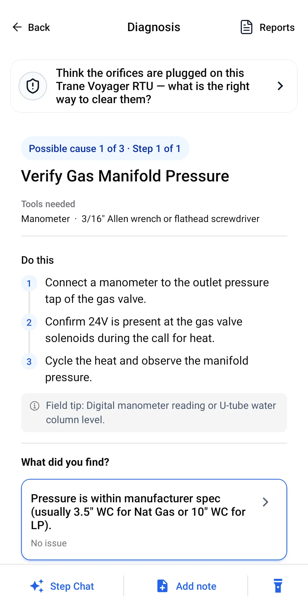 ACLogics guided diagnosis for the question about plugged orifices on a Trane Voyager RTU, showing possible cause 1 of 3 — Verify Gas Manifold Pressure — with the manometer and wrench listed, three ordered actions, and the in-spec answer branch.