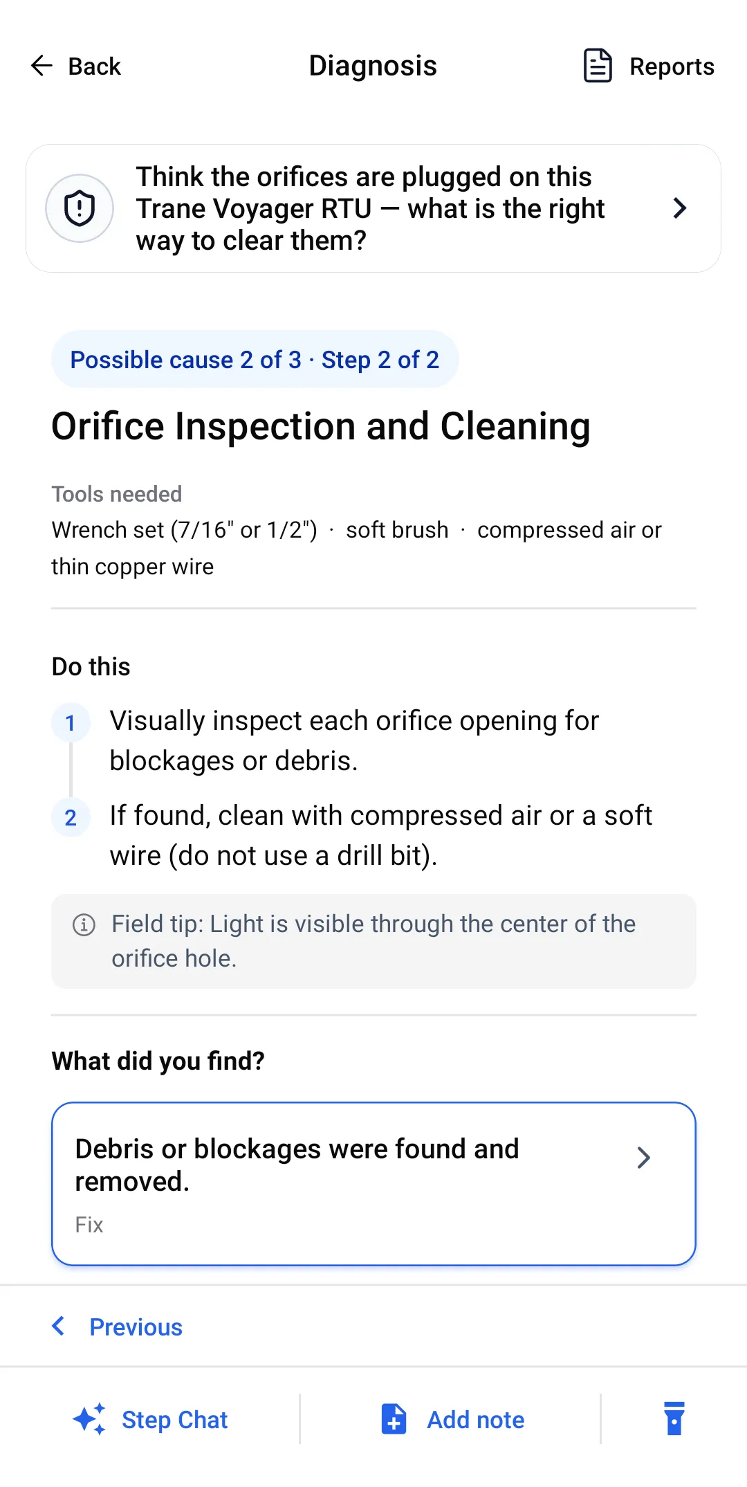 Orifice inspection and cleaning step listing a wrench set, soft brush and compressed air or thin copper wire, with the instruction not to use a drill bit.