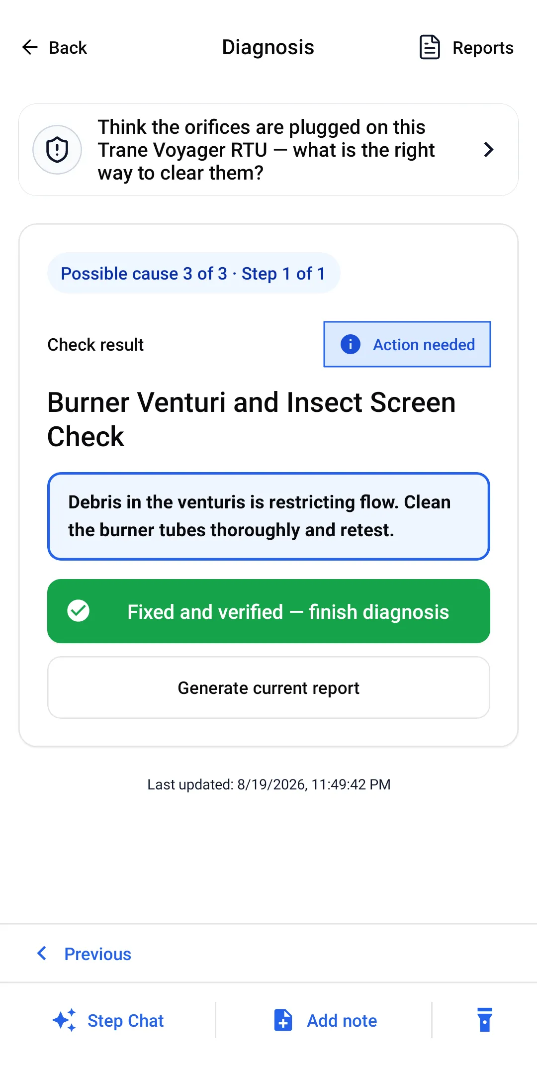 Burner venturi and insect screen check, cause 3 of 3, with the field tip describing white spider webbing or cocoons inside the burner tube.