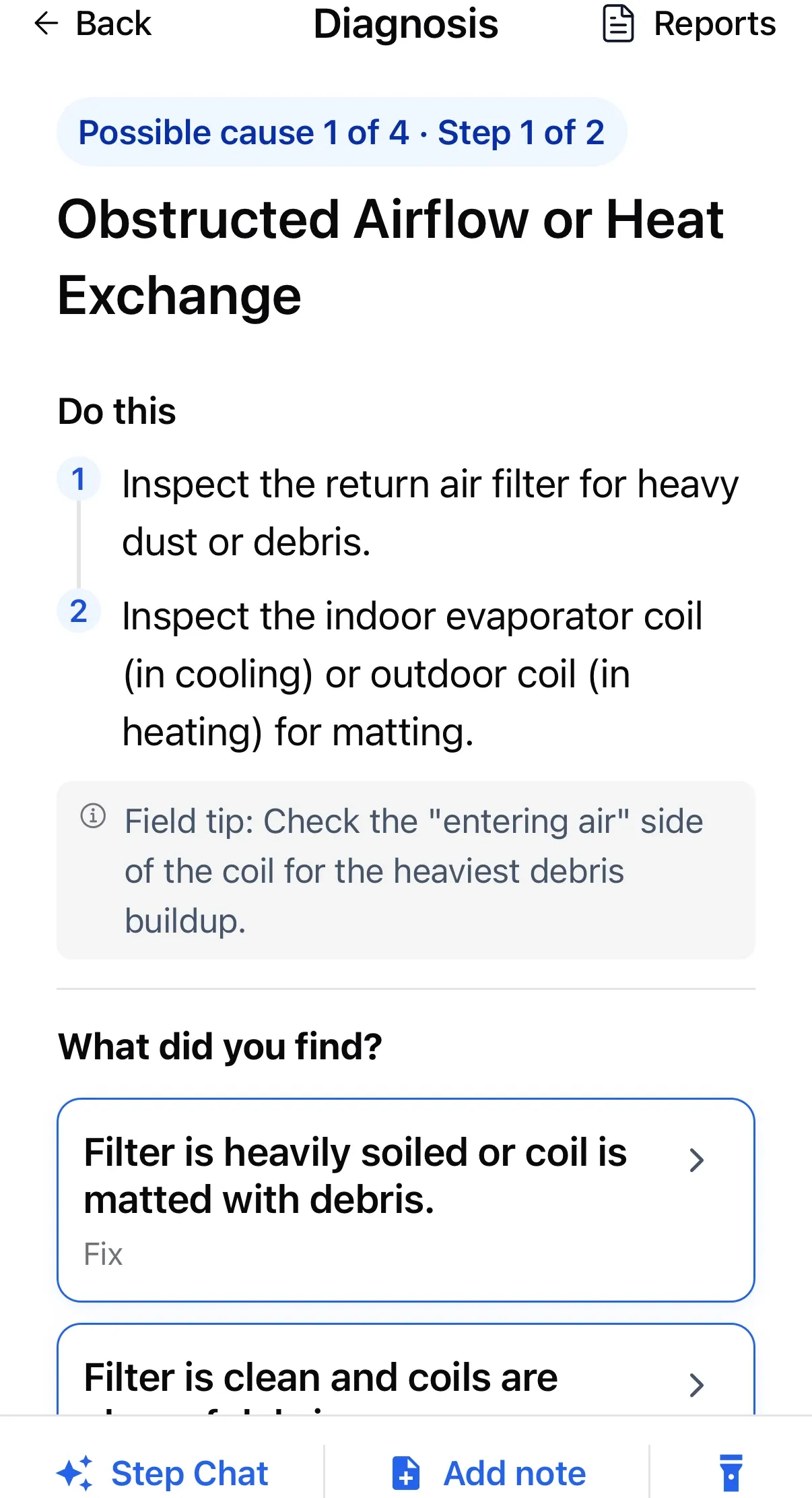 Guided diagnosis step asking "What did you find?" with two branches — filter heavily soiled goes to the fix, filter clean advances to inspecting the evaporator coil.