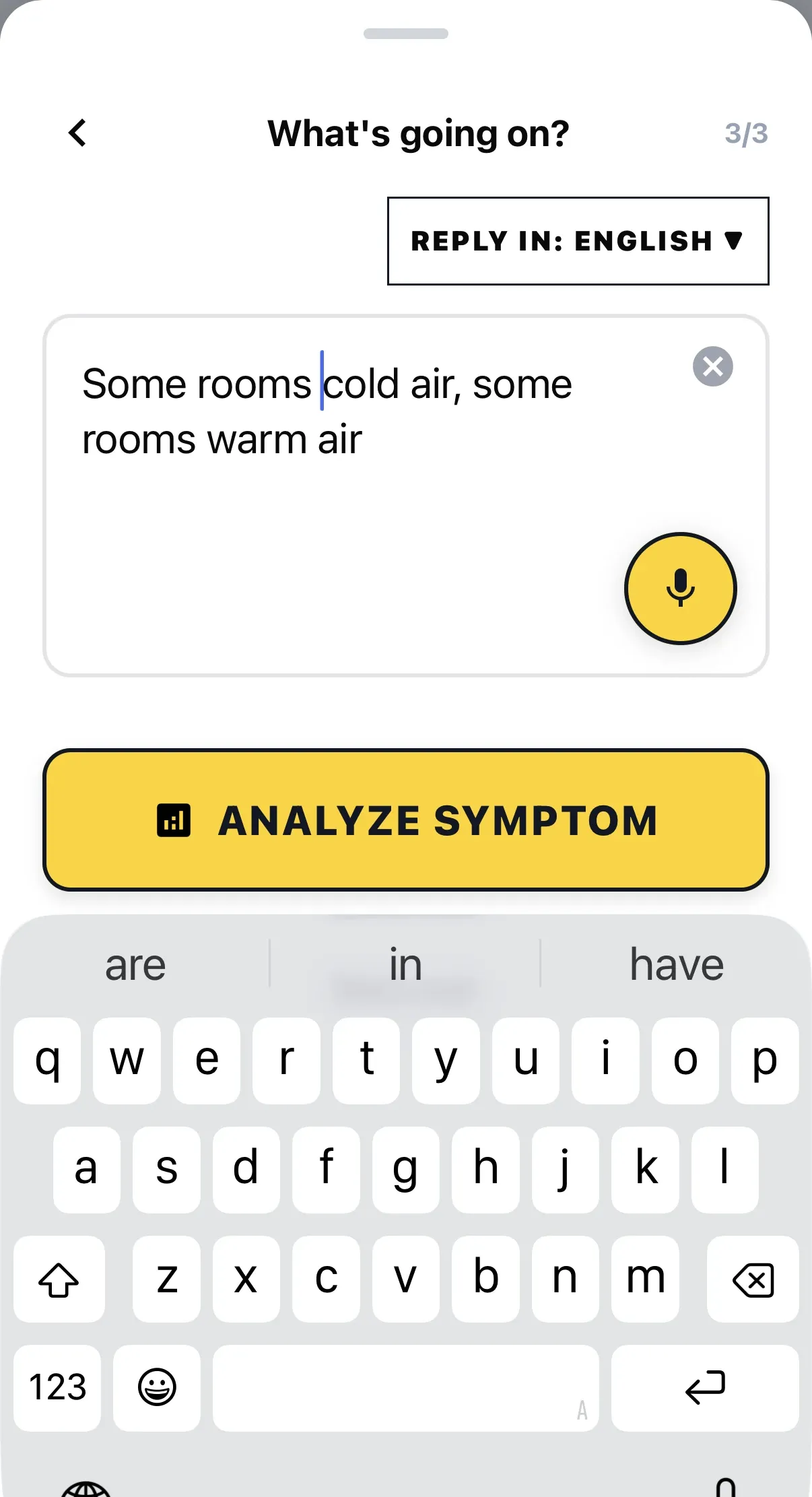 ACLogics symptom intake screen with the plain-English complaint "Some rooms cold air, some rooms warm air" typed in, a voice dictation button, and an Analyze Symptom action.