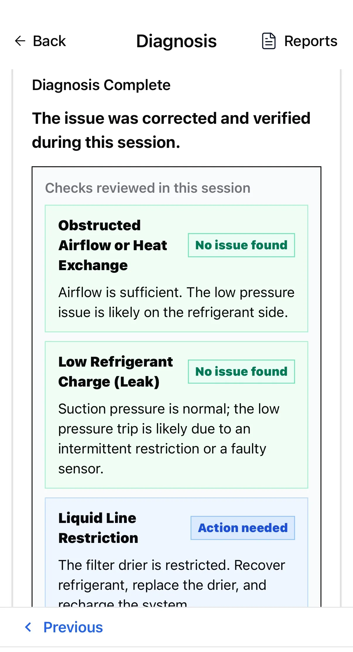Diagnosis summary marking obstructed airflow and low refrigerant charge as "No issue found" with reasons, and flagging a liquid line restriction as the action needed.