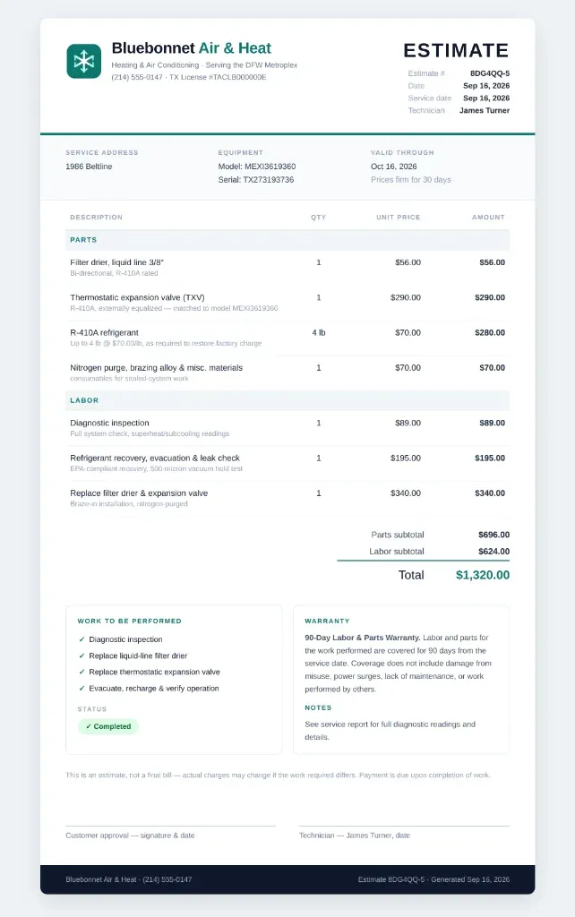 Professional HVAC estimate PDF for Bluebonnet Air & Heat showing itemized parts, labor, warranty terms, and homeowner approval signature line.