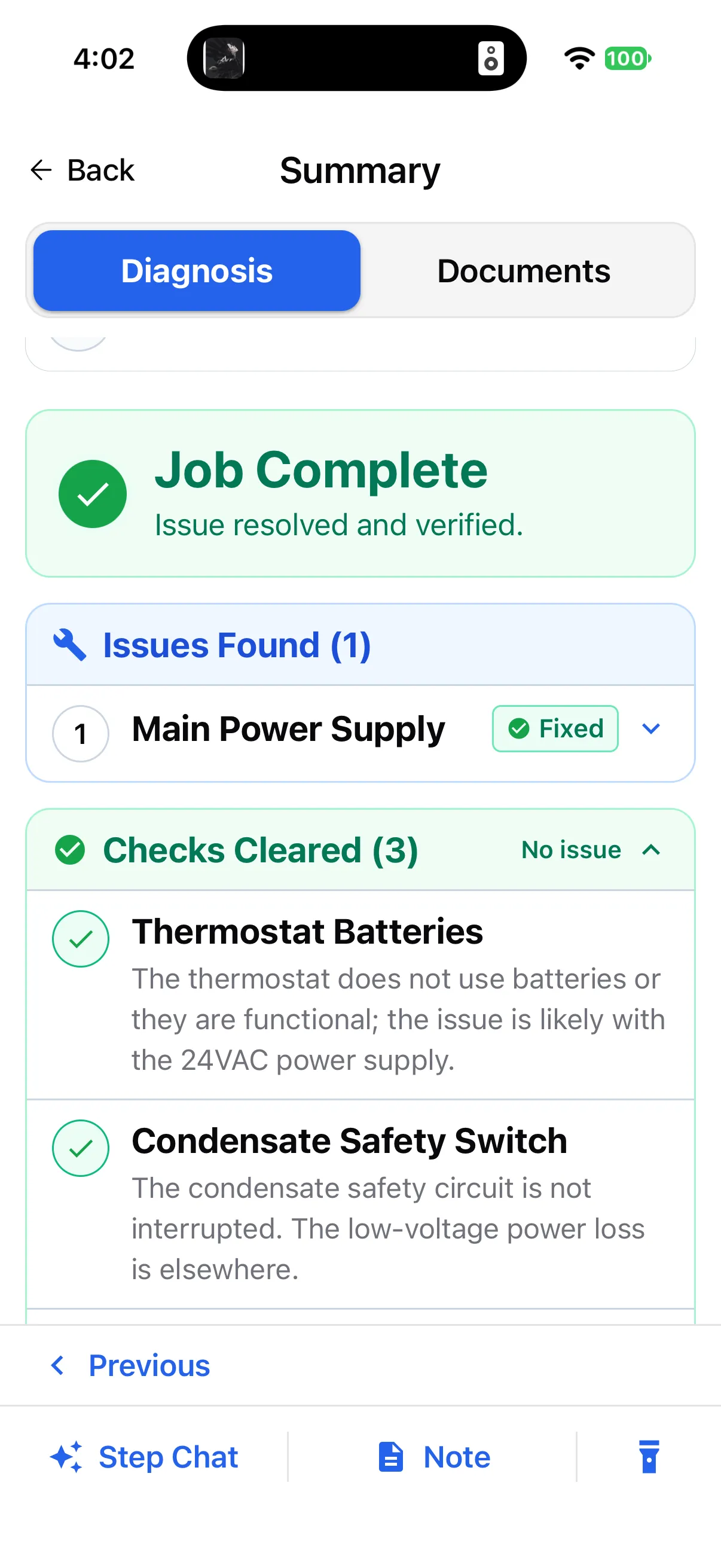 Job summary showing the resolved issue and three cleared checks.