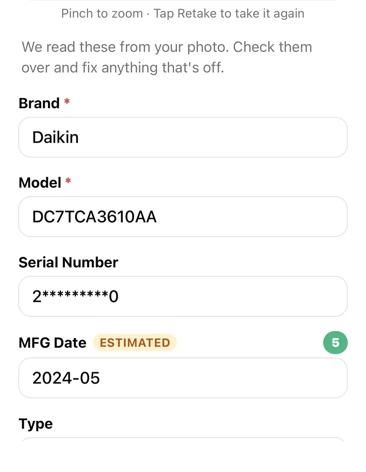Brand, model number DC7TCA3610AA, masked serial number and an estimated 2024-05 manufacture date read automatically from the nameplate photo.