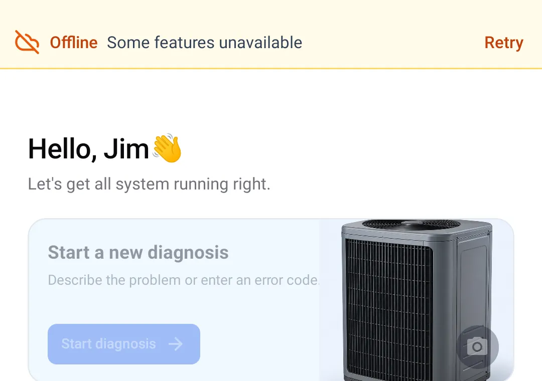 ACLogics home screen on the same phone in airplane mode, with the "Start a new diagnosis" card greyed out and disabled below the offline banner.