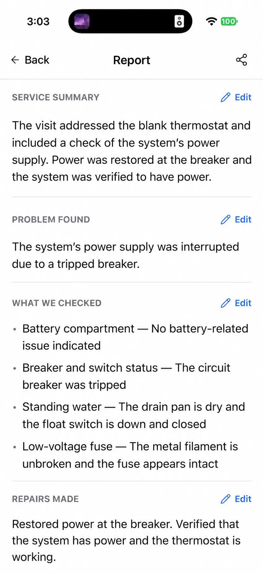 Service report with the problem found, checks made and repair performed.