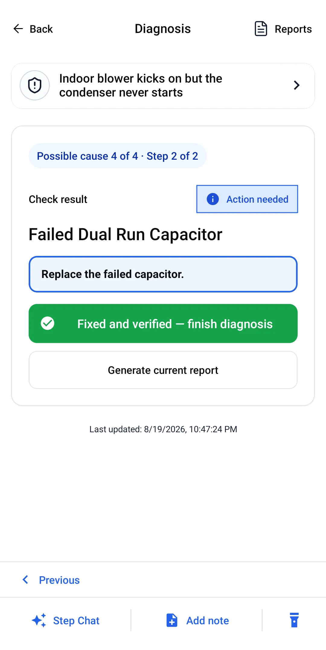 Check result screen reading "Action needed — Failed Dual Run Capacitor" with the instruction to replace the failed capacitor.