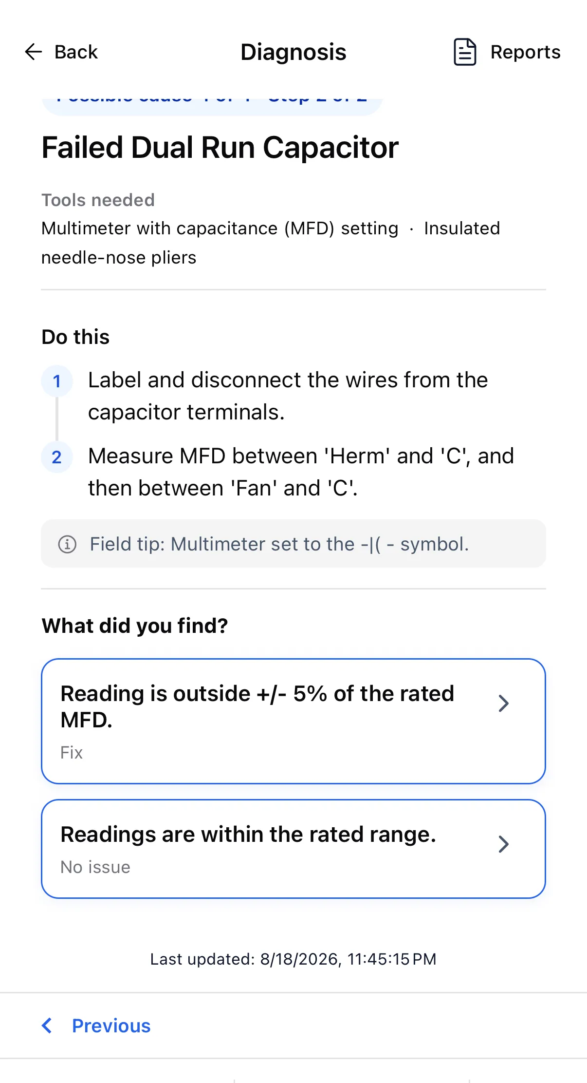 Diagnosis step instructing the technician to label and disconnect the capacitor wires and measure MFD between Herm and C, then Fan and C.