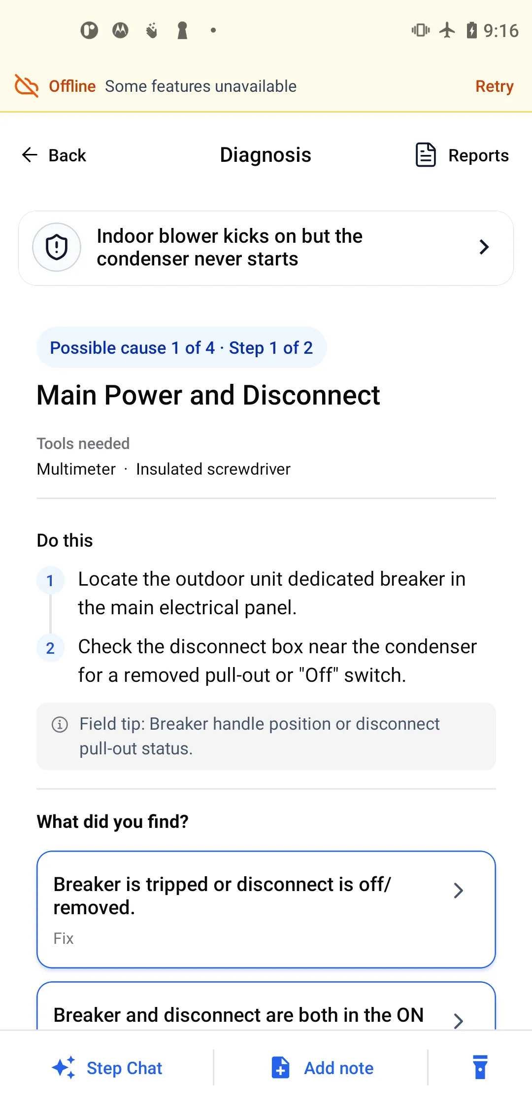 ACLogics guided step for "Fan inside kicks on condenser not kicking on" open on a phone in airplane mode, showing the offline banner above a fully usable step with its actions, field tip and answer branches.