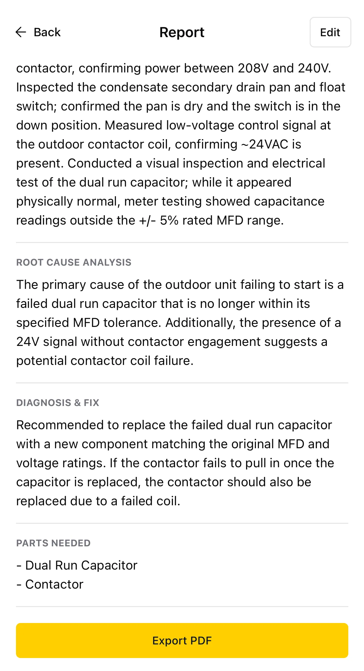 Service report section listing parts needed — dual run capacitor and contactor — above an Export PDF button.