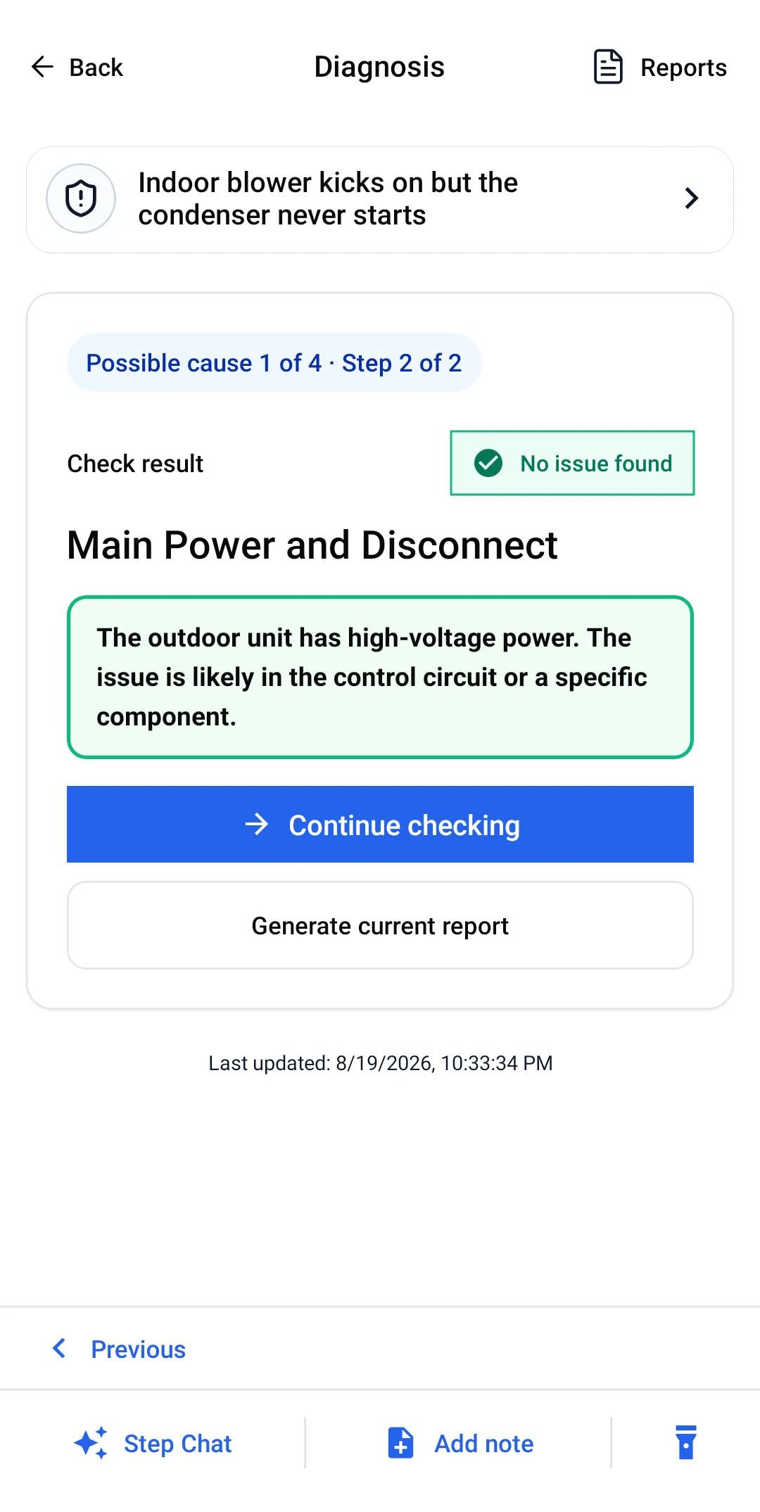Check result screen showing "No issue found" for Main Power and Disconnect, with the explanation that the outdoor unit has high-voltage power and the issue is likely in the control circuit.