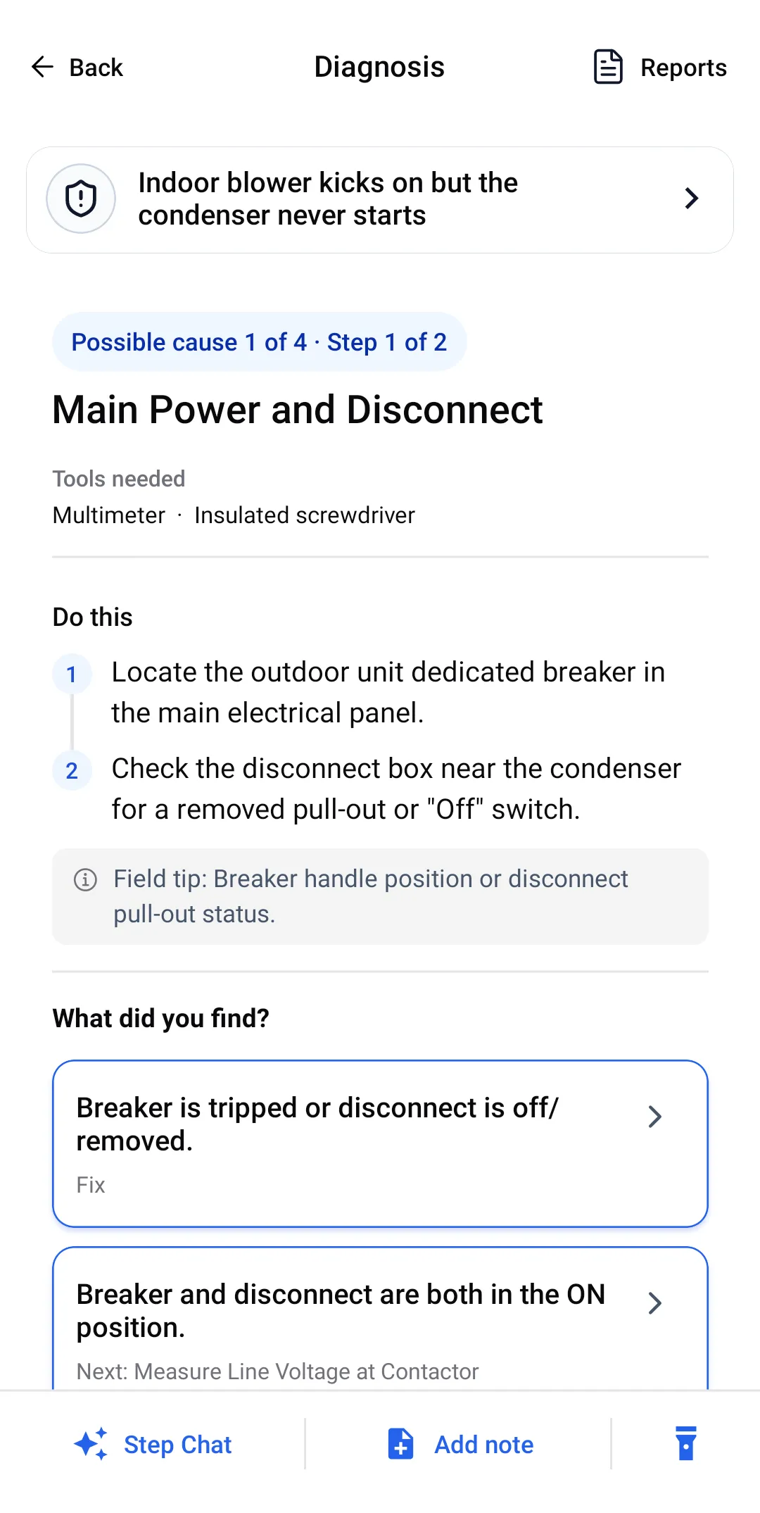 ACLogics guided diagnosis screen for the question "Fan inside kicks on condenser not kicking on", showing possible cause 1 of 4, the tools needed, two ordered actions, a field tip, and two answer branches.