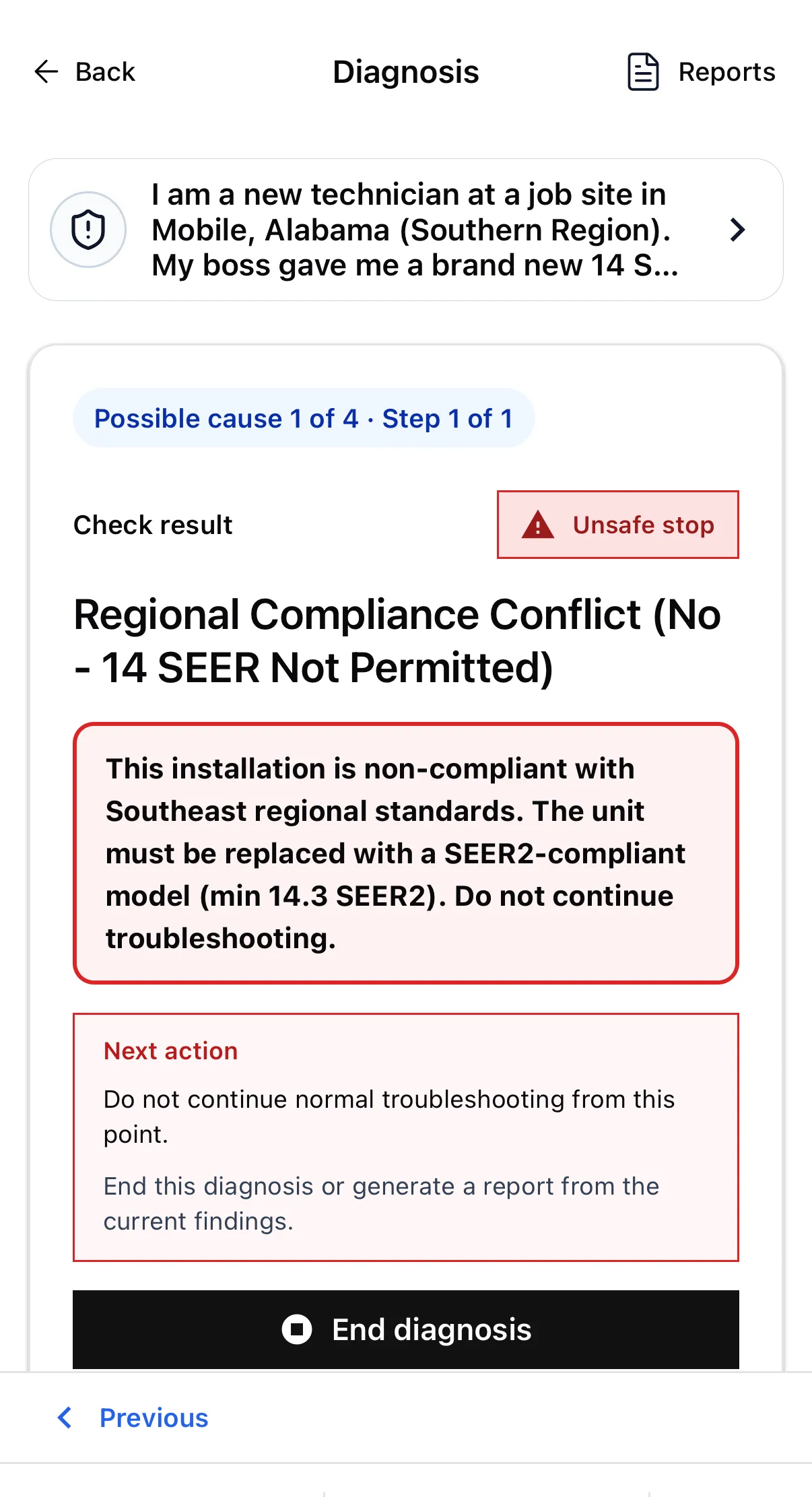 Check result screen marked "Unsafe stop" in red, stating the installation is non-compliant with Southeast regional standards and instructing the technician not to continue troubleshooting.