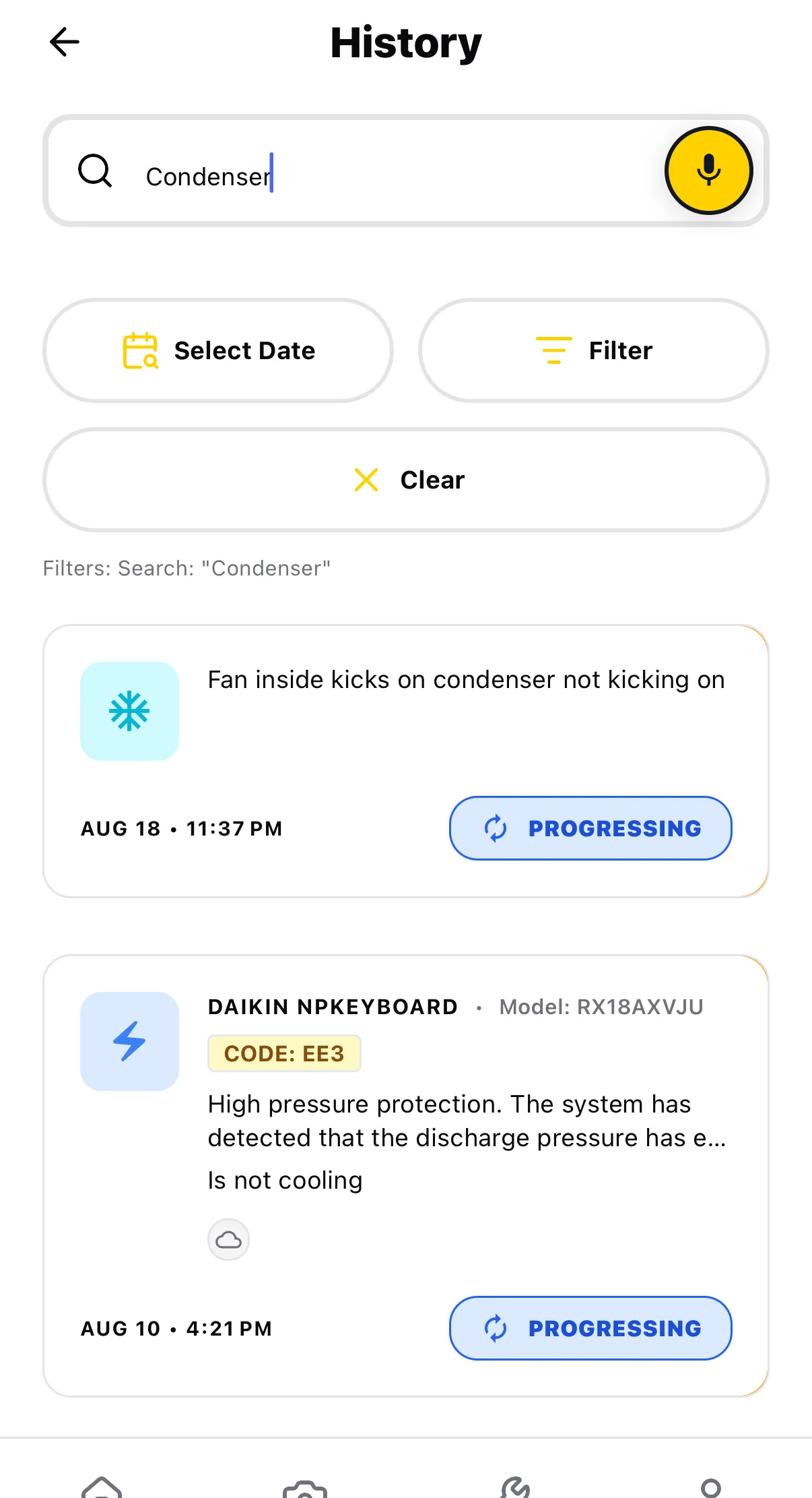 ACLogics history screen with a keyword search returning a past job, alongside date and filter controls.