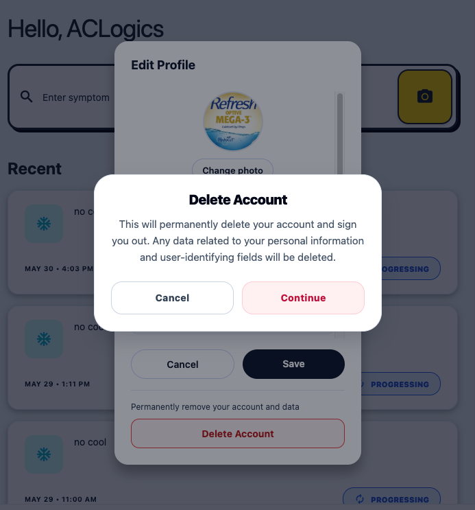 Delete Account Screenshot