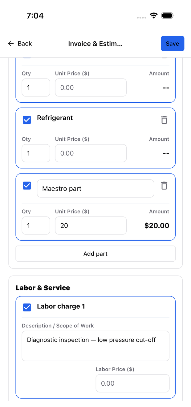 The invoice editor showing parts with checkboxes, quantity and unit price fields, an Add part button, and a labor charge with a description and labor price field.