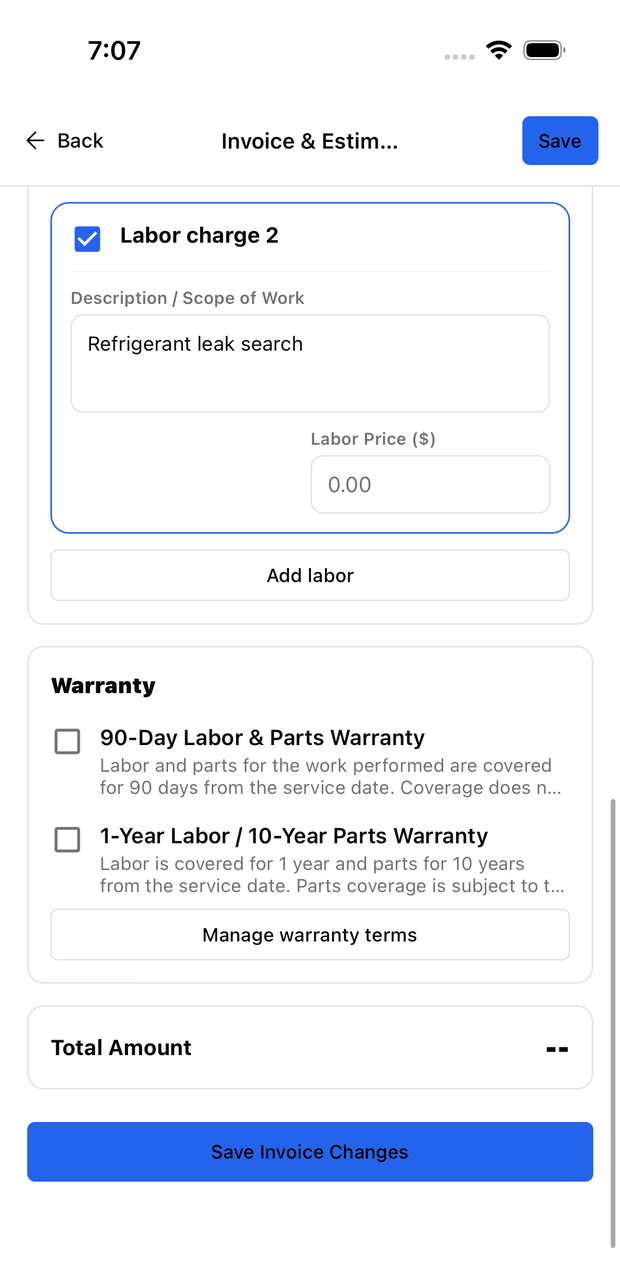 The warranty section of the invoice editor, listing two saved warranty terms with checkboxes and a Manage warranty terms button.