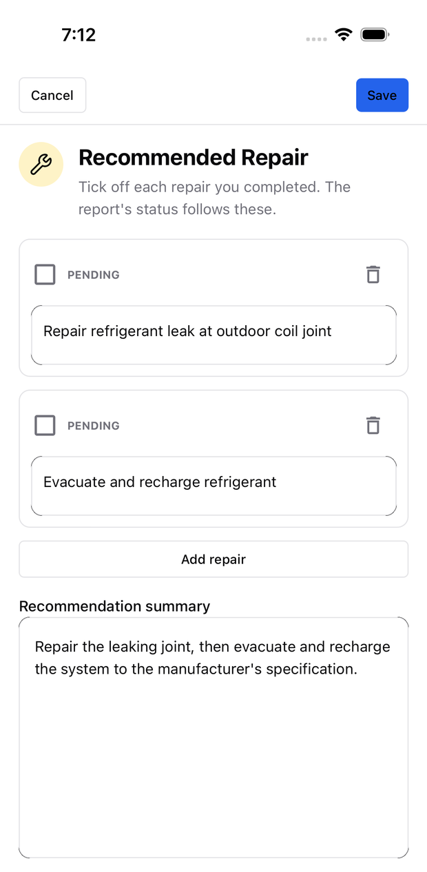 The Recommended Repair editor with two pending repairs, each with a checkbox and an editable description, an Add repair button, and a recommendation summary field.