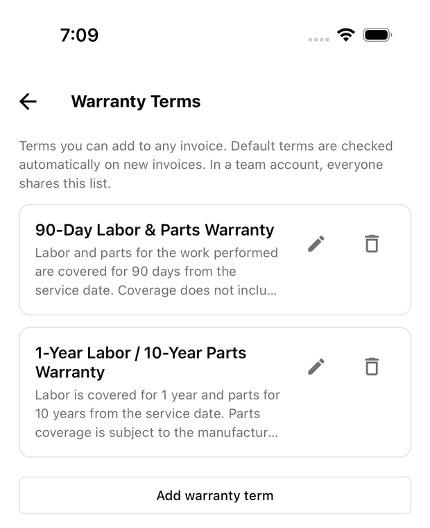 The Warranty Terms screen listing a 90-Day Labor and Parts Warranty and a 1-Year Labor / 10-Year Parts Warranty, each with edit and delete controls, plus an Add warranty term button.